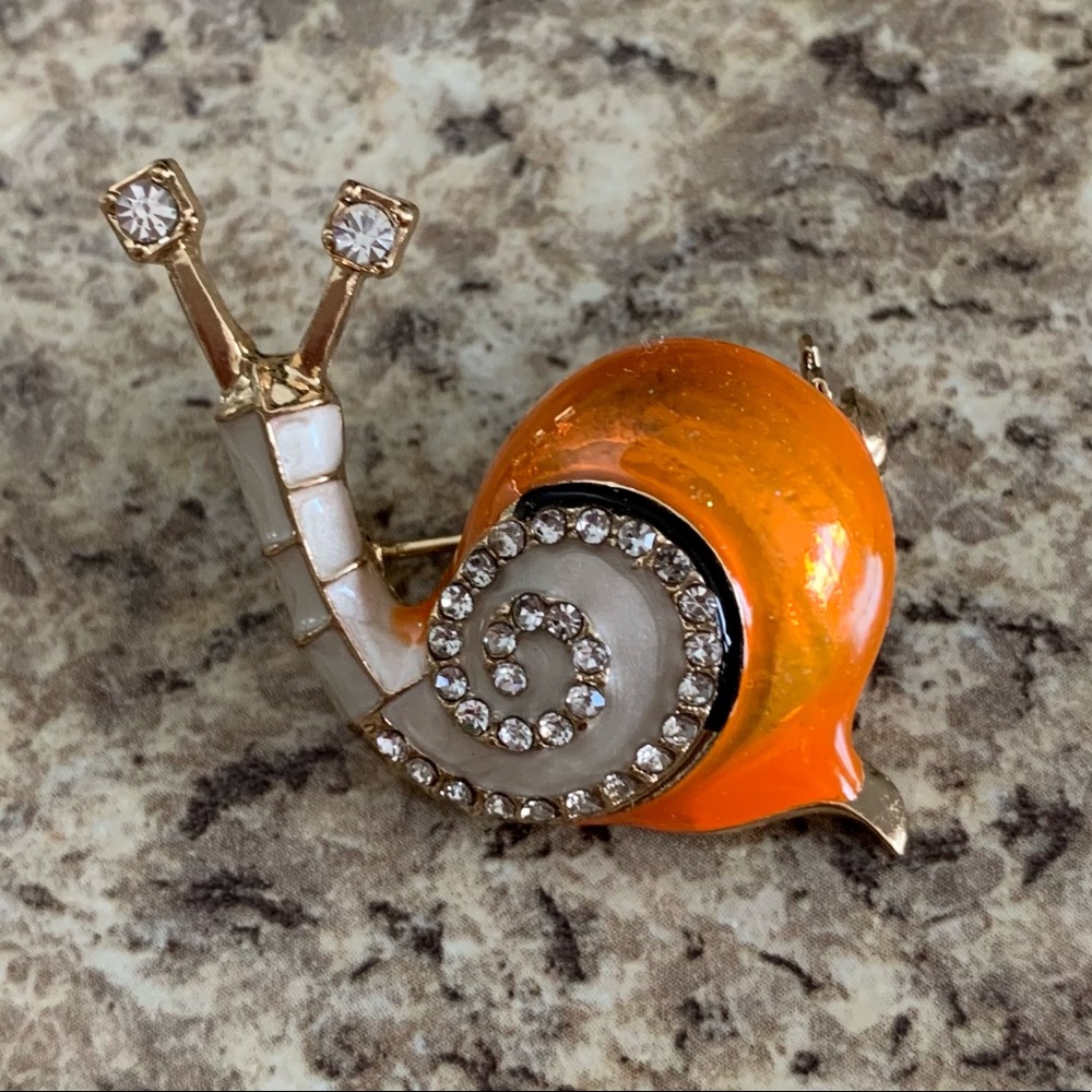 Unique “Snail” Brooch, New, Gorgeous, Tiny Pin, Clear Rhinestones, Orange Enamel